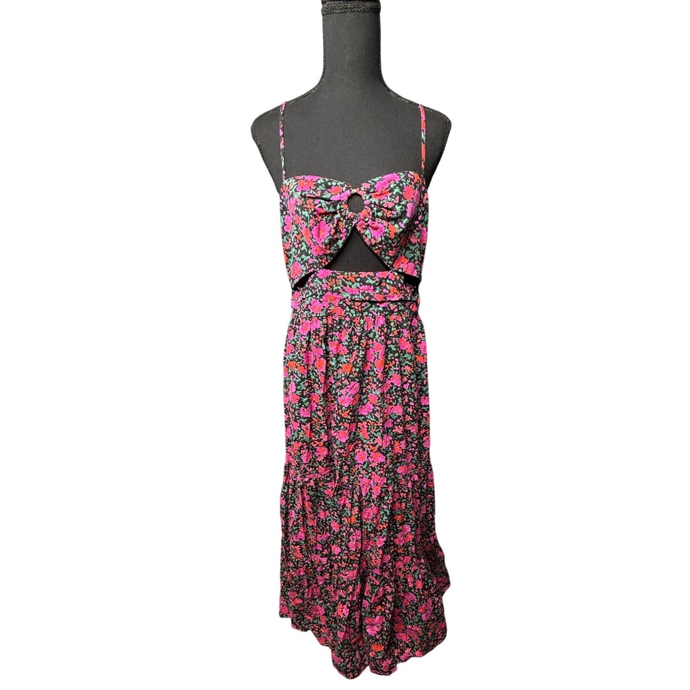 FORE Floral Cutout Maxi Dress Pink Red Green Ring Detail Smocked Back‎ Large